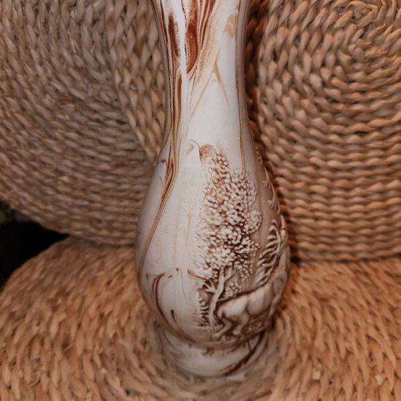 Vintage Ceramic Deer & Forest Design Vase with Brown Swirl Marble Accents - Picture 4 of 7